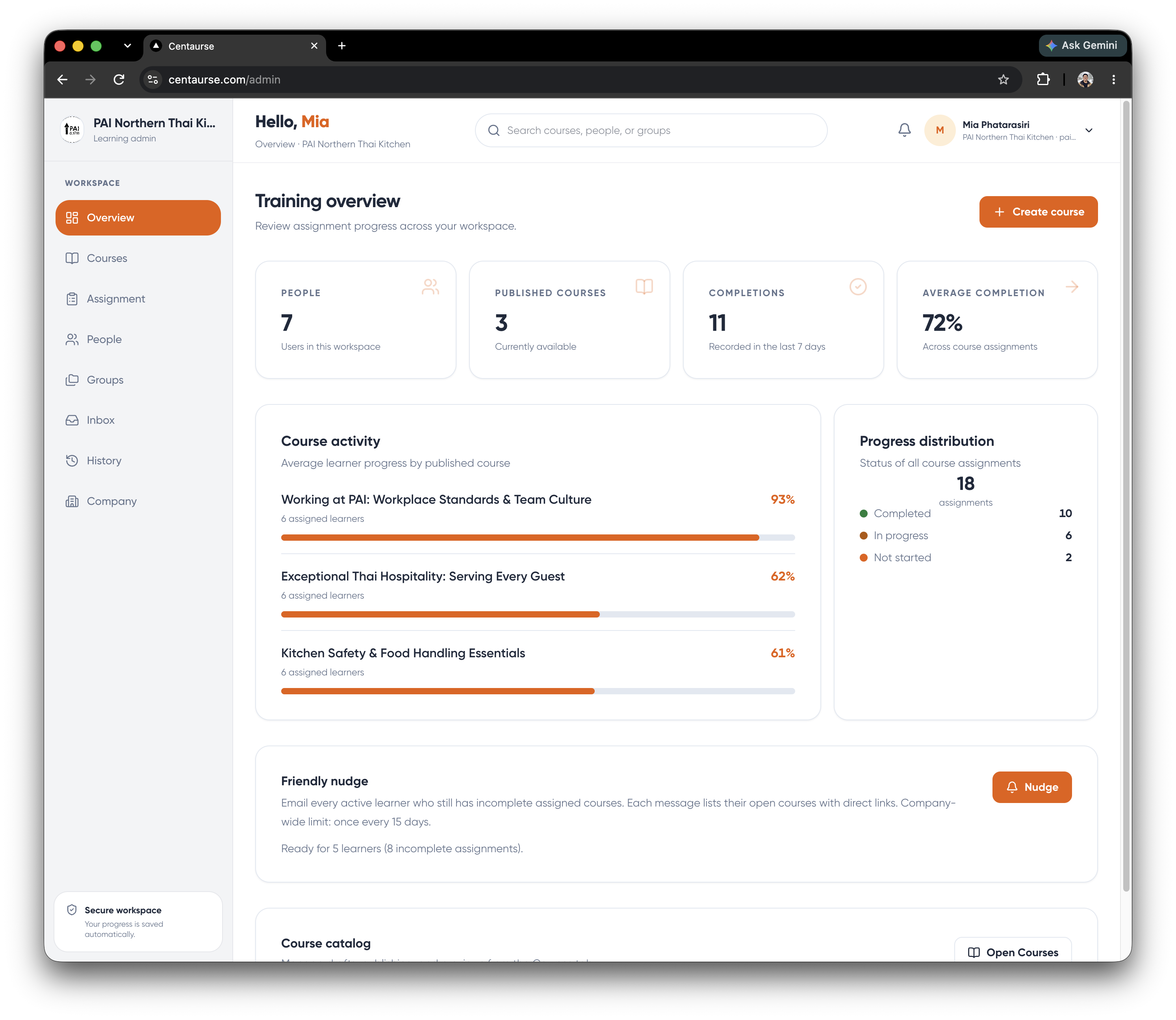 Centaurse admin overview — people, published courses, completions, and course activity