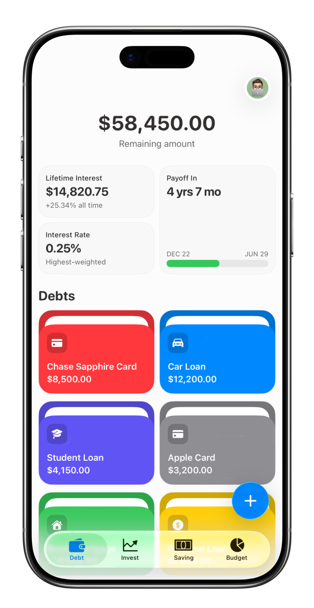 Snowball debt dashboard — remaining balance, payoff timeline, and accounts